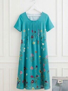 Teal Floral Pintuck Midi Dress Short Sleeve Wildflower Print Size Medium